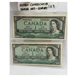 (2) 1954 CANADA $ BILLS - SCARCE CONSEC NO'S