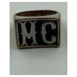 BASE METAL 'MC' SIGNET STYLE RING WITH BLACK RESIN