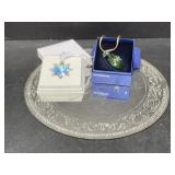 2 Swarovski Ornaments and Round Mirrored Tray