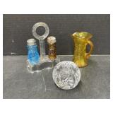 Candle Holder, Yellow Glass Creamer, Salt &