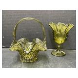 Green Glass Basket and Pedestal Dish/Vase