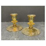 Etched Amber Glass Candleholders (2)