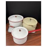 enameled pots and tray