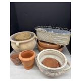 Various Clay, Ceramic, Metal Planters And Trays