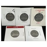 5x 1940 Canadian 5 Cent Coins