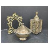 3 Brass Items:  Picture Frame, Covered Bowl and