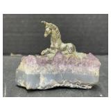 Metal Unicorn mounted on Amethyst Stone