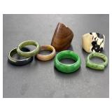 6 Polished Stone Bands and 1 Wood Ring (chipped)