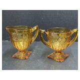 Amber Glass, Daisy Pattern Creamer & Sugar Bowl