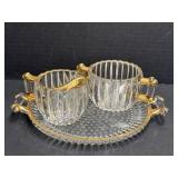 3pcs Glass with Gold Trim - Round Tray, Cream &