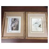 2 framed art, great horned owl and sparrows