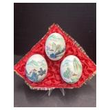 3 Hand Painted Eggs attached to Display Stand
