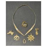 Gold-tone Necklace, 5 Pendants (some stamped) and