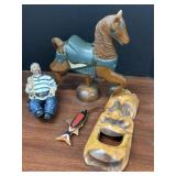 3 carvings and fisherman decor