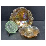 2 Orange Carnival Glass Bowls and Green Glass Dish