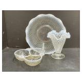 3 Hobnail Dishes; Bowl, Vase, Divided Condiment