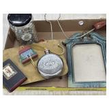1 Tray -  brass stand, shoe form, rum flask,