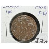 1908 Canadian 1 Cent Coin f-f+
