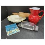 Rolling Pin, Pitcher, Butter Dish Etc.