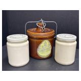 Crock & 2 Lidded Jars