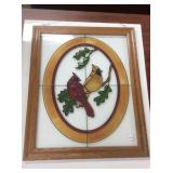 framed art, cardinals, faux stained glass, 23 x