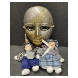 Metal Mask Statue and Pair of Vintage Dutch Dolls