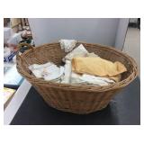 Woven Reed Laundry Basket With Vintage Linens