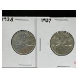 1937 & 1938 Canadian Silver 25 Cent Coins