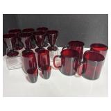 15 Ruby Red Glass Glasses - Different Sizes