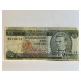 Central Bank Of Barbados $5 Banknote 1973