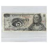 Bank Of Mexico Five  ( Cinco ) Pesos Banknote