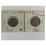 Usa Five Cent Coins - Liberty Nickel: 1906, 1911.