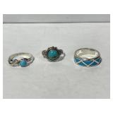 3x Sterling 925 Silver and Turquoise Rings