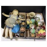 2 Trays - Dolls, Rocks And Misc. Dishes (royal