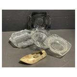 Glass Ashtrays, Brass Shoe Ashtray