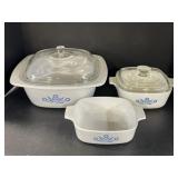 3 Corning Ware Blue Cornflower Dishes - 2 Lids