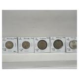5 X Switz Coins-1921 1 Franc, 1932,57,62,65,65