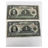 Bank Of Canada 1935 One Dollar Banknotes X 2