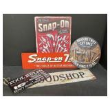 4 Metal Mechanic Themed Signs Including Snap On