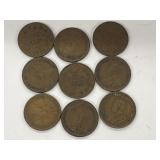 9 X Cdn Pennies - 1920's And 30's
