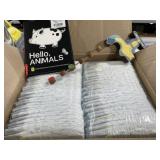 Box of Pampers Swaddlers Size 1, Book & Toy