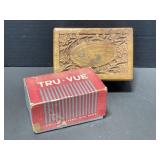 Carved Wooden Box with Sewing Notions and