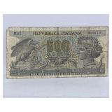 Republic Of Italy 500 Lire Banknote.