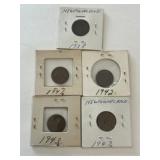 Newfoundland One Cent Coins: 1938, 1941c, 1942,