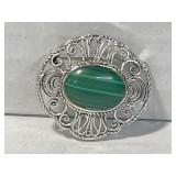 Sterling 925 Silver Filigree Malachite Brooch