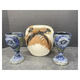 Pottery - Vase & 2 Goblets with Fish Detail