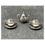 Miniature Teacups and Teapot Set, Silver-Tone