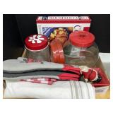 Tray of Kitchen Items - Cookbook, Oven MItts etc.