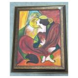 Framed Painting of Woman & Cat, 19x15 '