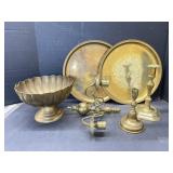 Vintage Brass Items - 2 Trays, 2 Candlesticks,